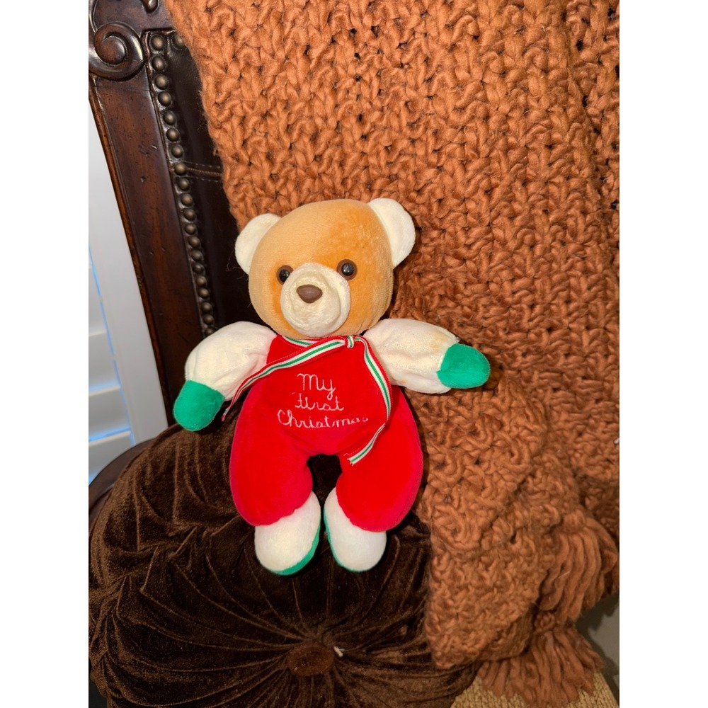 Vintage Dan Dee My First Christmas Plush Teddy Bear Red Green White 9 Inch